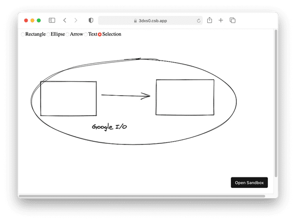 Screenshot of the Excalidraw prototype application showing that it supported rectangles, arrows, ellipses, and text.