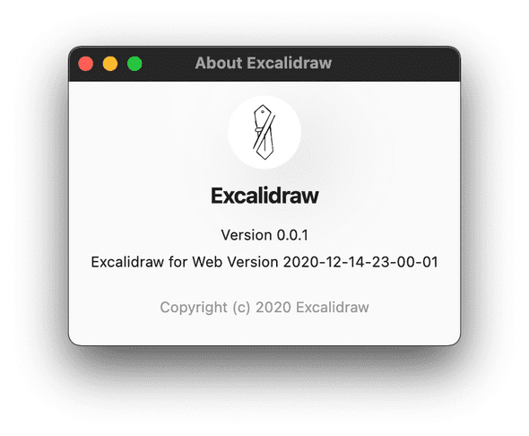 The Excalidraw Desktop 'About' window displaying the version of the Electron wrapper and the Web app.